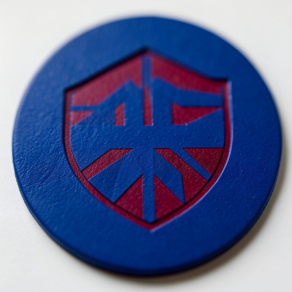 Circular emblem in royal blue and crimson red with geometric shield pattern, clean and modern