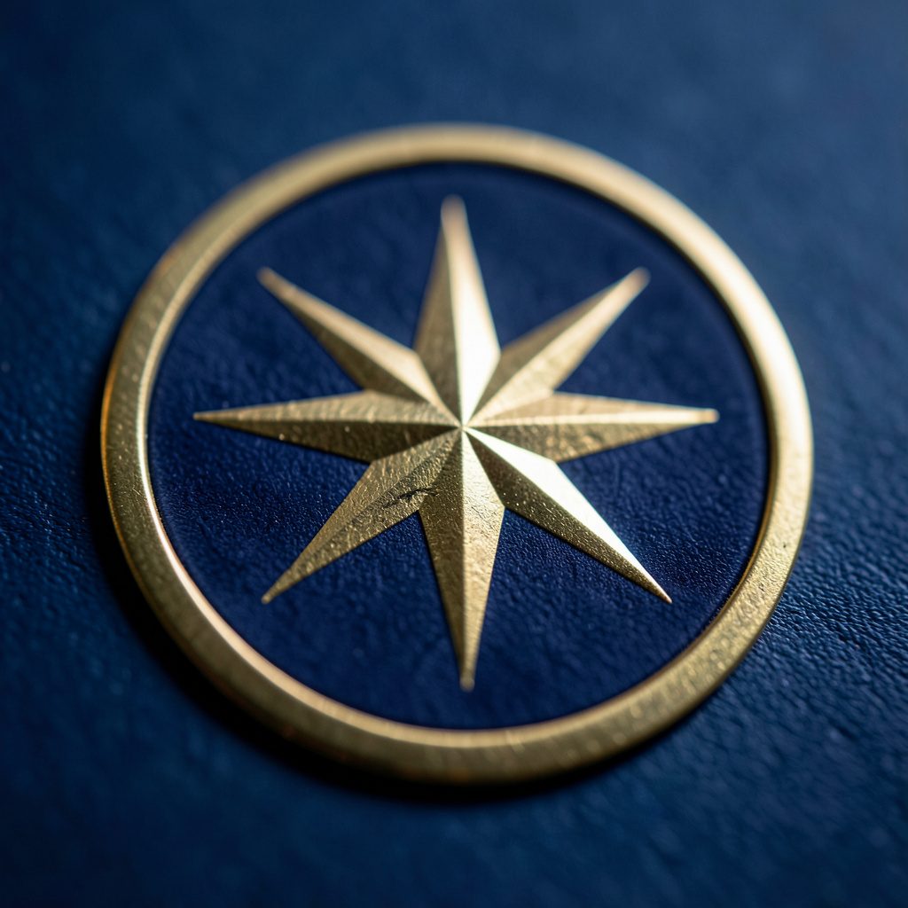 Circular emblem in deep navy and gold with a star motif, elegant and prestigious